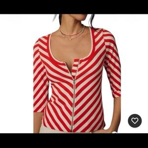 MAEVE BY ANTHROPOLOGIE FRONT-ZIP SCOOP-NECK BLOUSE//RED/ORNG & WHITE//SIZE LARGE